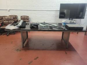 lot 15680 image: 8ft Dark Brown Wood Laminate Conference Table, Gray Metal Base