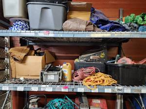 lot 47019 image: Contents of Shelf Including, A Racheting Binder, Rebel Self Retracting Lifeline, Extension Cords and More