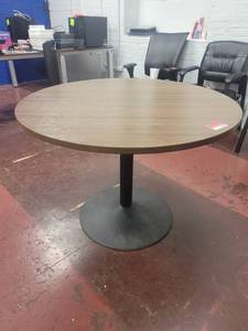 lot 15693 image: 41in Round Brown Wood Laminate Table W Metal Base