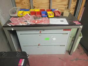 lot 15707 image: 4ft Dark Brown Wood Laminate Table and Gray Horizontal 2-Drawer Filing Cabinet
