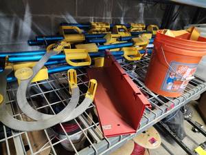 lot 47033 image: Contents of Shelf Including Goat Roof Satety Hooks, Ratchet Straps, Bins And More