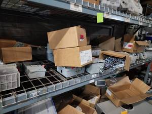 lot 47056 image: Contents of Shelf Including, Eaton General Duty Safety Switches, Siemens Main Breaker, GE Safety Switch, Strut Nuts And More