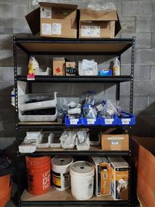 lot 47058 image: 5 Tier Industrial Shelf W Contents Including Wire Nuts, Flange Nuts, Nylon Lock Nuts PV Connectors, and More