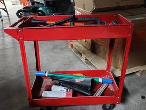 lot 47063 image: Red Tool Cart W Tools Including, Hammers, C Clamp, Wire Cutters, and More