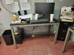 lot 15747 image: 4ft Dark Brown Wood Laminate Table W Contents&nbsp