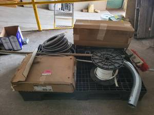 lot 15758 image: Pallet of Items - Flexible Conduit, Husky Tool Box W Assortment of Hardware, Siemens 200A ES Series Main Lug Load Center, and More