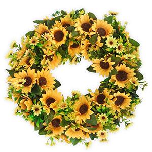 lot 1712 image: BOMAROLAN Artificial Sunflower Wreath 20 Inch Summer Fall Large Wreaths Springtime All Year Around Flower Green Leaves for Outdoor Front Door Indoor Wall Or Window Decor