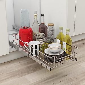 lot 1724 image: STORKING 1 Tier Wire Basket Pull Out Shelf Drawer Storage Organizer for Kitchen Base Cabinets Chrome-Plating (11x 22 x 5.3Inch, 1 Tier)