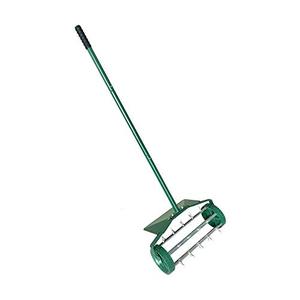 lot 1740 image: MTB Heavy Duty 18 Inch Aerator Roller Rolling Lawn Garden Spike with Fender Lawn Aerator Home Grass Steel Handle Green Quick and Easy to Assemble