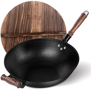 lot 1744 image: WANGYUANJI Cast Iron Wok Pan 14.2 Large Wok Stir Fry Pan Flat Bottom Wok with Lid and Wood Handle,Suitable for All Cooktops, Uncoated Craft Wok Healthy Cooking Wok-Practical Gift