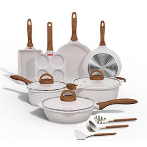 lot 1746 image: JEETEE Pots and Pans Set Nonstick White Granite Induction Cookware Sets 13 Pieces wFrying Pan, Saucepan, Saute Pan, Tamagoyaki Pan, Egg Pan, Cooking Pots, PFOA Free (13pcs, White Granite)