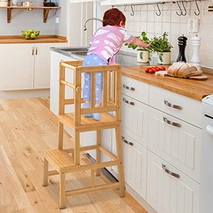 lot 1749 image: COSYLAND Kids Kitchen Step StoolToddler Standing Tower with CPC Certification, Removable Anti-Drop Railing Safety Rail Enjoys Unique Patented Design A Anti-tip Structure More Stable, Natural Bamboo