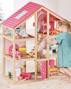 lot 1753 image: Tiny Land Wooden Dollhouse for Girls - 6 Rooms Wooden Doll House, DIY Pretend Dream House with 30Pcs Furniture Accessories, Gift for Girl Ages 3