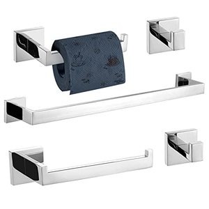lot 1937 image: TURS 5-Piece Bathroom Hardware Set Polished Chrome Towel Bar Holder Sets Hand Towel Holder and 2 Towel Hooks, Stainless Steel Wall Mounted, Q7P-P5