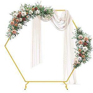 lot 1941 image: Sunnacate 6.66 FT Hexagon Wedding Arch, Hexagon Backdrop Stand, Gold Metal Garden Arbors for Wedding, Ceremony, Birthday Party, Garden Decorations, Indoors, Outdoors