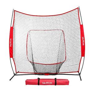 lot 1947 image: McHom 7ft x 7ft Baseball & Softball Practice Net for Hitting & Pitching Practice with Bow Frame, Collapsible and Portable, Red