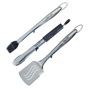 lot 1757 image: 3PC Stainless Steel Grill Set. Tong Spatula Basting Brush - W. Stands