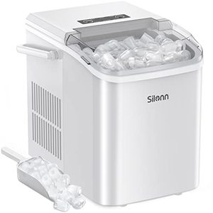 lot 1761 image: Silonn Countertop Ice Maker Machine with Handle, Portable Makers Countertop, Makes up to 27 lbs. of Per Day, 9 Cubes in 7 Mins, Self-Cleaning Scoop and Basket, White, 12 x 9 x 12 inches (SLIM06B)