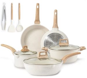 lot 1771 image: CAROTE Pots and Pans Set Nonstick, White Granite Induction Kitchen Cookware Sets, 11 Pcs Non Stick Cooking Set wFrying Pans & Saucepans (PFOS, PFOA Free)