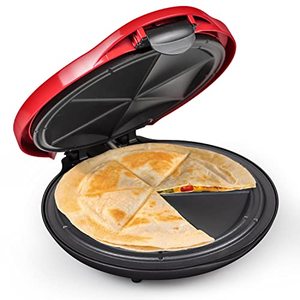 lot 1775 image: Nostalgia Deluxe 10 6-Wedge Electric Quesadilla Maker with Extra Stuffing Latch, Red