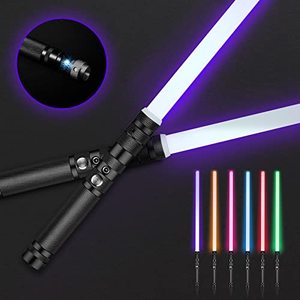lot 1796 image: Lischwert Lightsaber, RGB Colors Changeable with Sound Metal Hilt Light Saber Force FX Dueling Lightsaber Toy for Kids Adults Gift (Black 2pc)