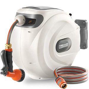 lot 1800 image: Bltezeit Retractable Garden Hose Reel, 12 x 65FT6FT Wall Mount Water Hose Reel, 8 Function Hose Nozzle, Any Length Lock, 180° Swivel Bracket, Automatic Slow Rewind System