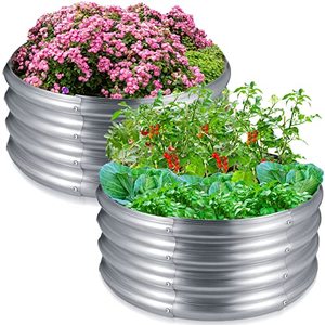 lot 1817 image: Bokon 2 Pack Round Galvanized Raised Garden Bed 3 x 1Ft Outdoor Metal Planter Box Large Patio Ground Planter for Vegetables Herbs Flowers Fruits