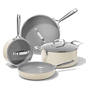 lot 1821 image: JEETEE Ceramic Cookware Set, White Pots and Pans Set Nonstick,7 PCS Kitchen Induction Sets, PTFE & PFOA Free, Oven Safe, Compatible with All Stoves- Cream