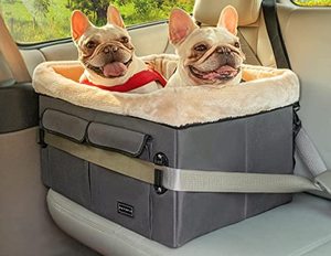 lot 1855 image: Petsfit Dog Car Seat for Medium Dogs or 2 Small Dogs, Upgraded Dog Booster Seat for Front and Back Seats with 2 Safety Leashes (Medium, Deep Grey)