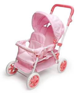 lot 1862 image: Badger Basket Toy Doll Folding Front-to-Back Double Stroller with Canopy for 18 inch Dolls - PinkGingham