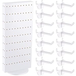 lot 1865 image: Rotating Display Stand Pegboard Display Rack 10.4 W 23.6 H Four Sided Peg Board Display Stands for Selling Vendor Craft Shows Pegboard Organizer Retail Counter Display with 54 Pcs Hooks (White)