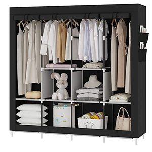 lot 1873 image: UDEAR Portable Closet Large Wardrobe Closet Clothes Organizer with 6 Storage Shelves, 4 Hanging Sections 4 Side Pockets,Black