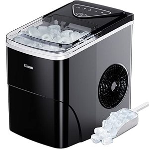 lot 1875 image: Silonn Ice Maker Countertop, 9 Cubes Ready in 6 Mins, 26lbs in 24Hrs, Self-Cleaning Ice Machine with Ice Scoop and Basket, 2 Sizes of Bullet Ice for Home Kitchen Office Bar Party