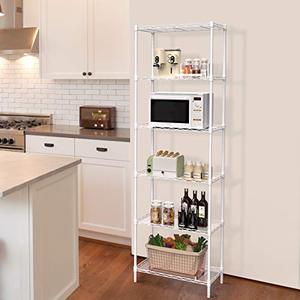 lot 1878 image: NATRKE 6-Tier Storage Shelf Wire Shelving Unit, Adjustable Heavy Duty Storage Shelves for Kitchen Organization, with Leveling Feet, White (21.26 Lx12 Wx69 H)