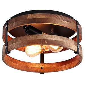 lot 1885 image: 2-Light Rustic Flush Mount Light Fixture Oak Wood Round Drum Semi Flush Mount Ceiling Light for Hallway Bedroom Kitchen Entryway Farmhouse, Black
