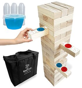 lot 1894 image: SWOOC Games - Giant Tower Party Game with Hidden Shots & 60 Commands - Includes 60 Blocks, 104 Disposable Cups with Lids & Carrying Case - Tipsy Topple Tower with Shots Holes - 2.5ft - Grows to 5ft