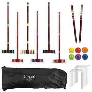 lot 1900 image: Juegoal Six Player Croquet Set with Wooden Mallets Colored Balls for Lawn, Backyard and Park, 28 Inch