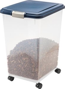 lot 1911 image: IRIS USA 50Lbs.69Qt. WeatherPro Airtight Pet Food Storage Container with Attachable Casters, For Dog Cat Bird and Other Pet Food Storage Bin, Keep Fresh, Translucent Body, Easy Mobility, Navy