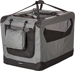 lot 1921 image: Amazon Basics Folding Portable Soft Pet Dog Crate Carrier Kennel, 30 x 21 x 21 Inches, Grey