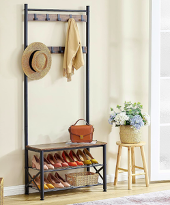 lot 1840 image: Hoctieon 3 In 1 Design Coat Rack Shoe Bench, Hall Tree for Entryway Storage Bench, Shelf Organizer, Shoe Storage, Multifunctional, Freestanding, Easy Assembly, Metal Frame, Vintage, Rustic Brown