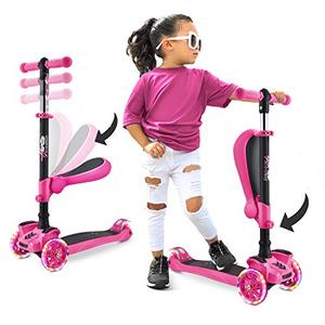 lot 3015 image: Hurtle 3-Wheeled Scooter for Kids - Wheel LED Lights, Adjustable Lean-to-Steer Handlebar, and Foldable Seat - Sit or Stand Ride with Brake for Boys and Girls Ages 1-14 Years Old - Pink