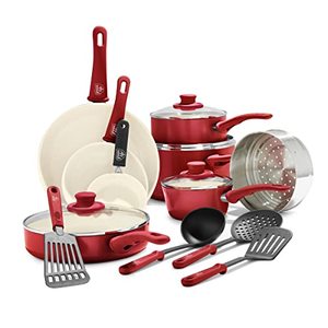 lot 3016 image: GreenLife Soft Grip Healthy Ceramic Nonstick 16 Piece Kitchen Cookware Pots and Frying Sauce Pans Set, PFAS-Free, Dishwasher Safe, Red