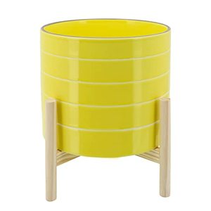lot 3017 image: Sagebrook Home 10 Planter on Stand - Ceramic Planter on Wooden Base - Contemporary Yellow and White Striped Design Indoor or Outdoor Plant Stand Decor