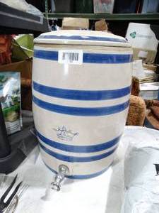 lot 33401 image: 4 Gallon Blue Crown Striped Lidded Crock