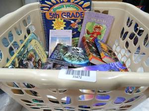 lot 33472 image: Basket w Kids books and Stickers