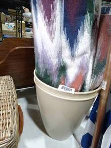 lot 33487 image: 2 Tan Trash Cans w Abstract Throw Blanket