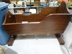 lot 33488 image: Beautiful Dark Wood Swinging Baby Cradle