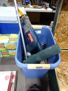 lot 33568 image: Ryobi Portable 18v Lithium Sawzall and Light in Bucket w Misc Tools
