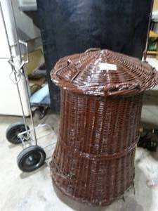 lot 33647 image: Tall Brown Wicker Basket and 2 Wheeled Cart