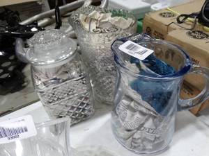 lot 33661 image: 2 Clear Glass Pitchers and Pressed Glass Lidded Jar
